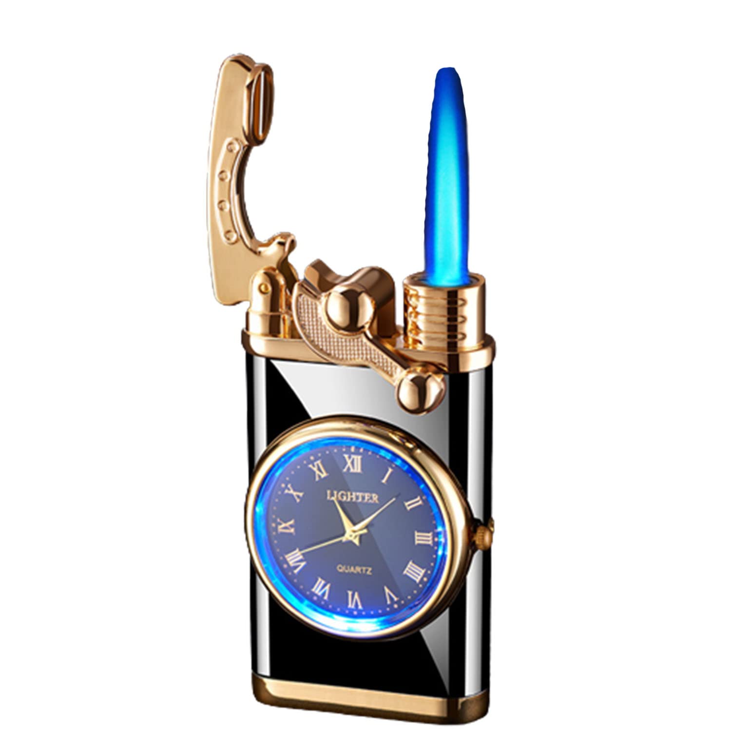 Reloj con Brazo Basculante Metal Reutilizable a Prueba de Viento Trinchera Encendedor Jet Butano Antorcha Más Ligero Cigarro Mechero Gadgets para Hombres Papá Marido,Black