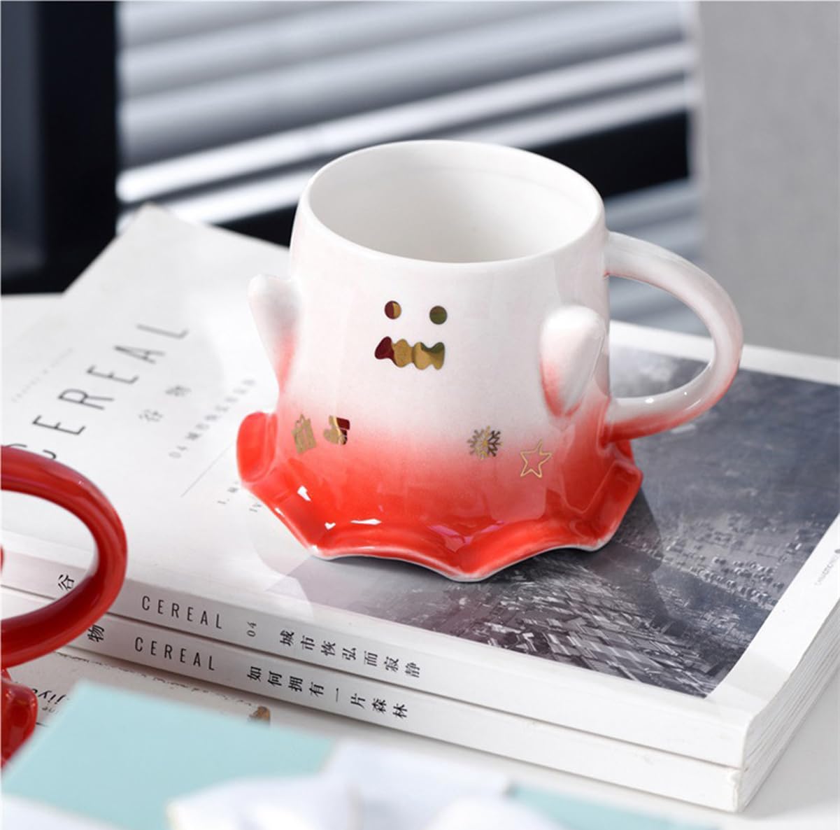 KKGUD Novelty Mini Cup, Ceramic 4.5oz Halloween Coffee Cup with Spoon- Scary Ghost (White+ Red), Scary Ghost- White& Red, 130ml, Small - Image 2