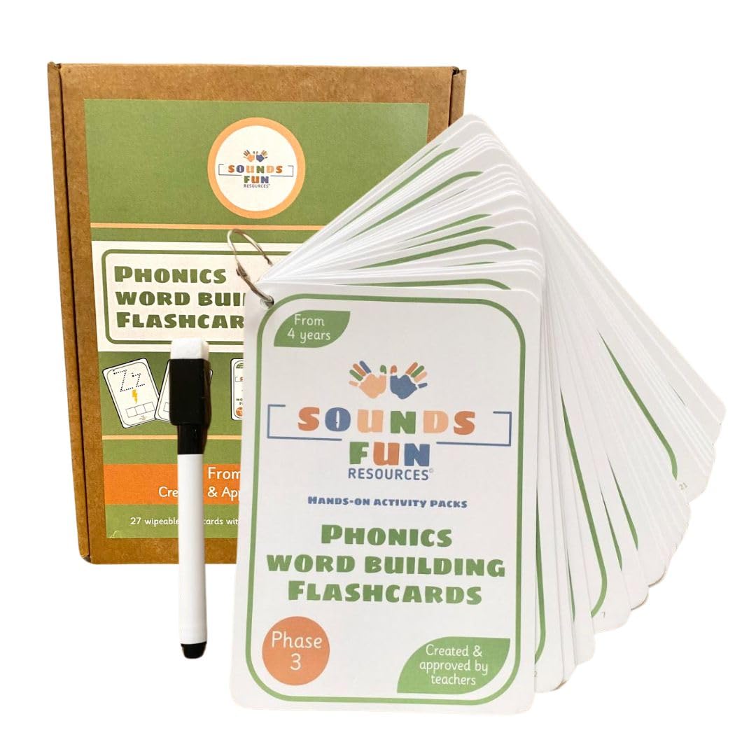 Phase 3 Word Building Phonics Flashcards, Wipeable A6 Educational cards for Children Ages 4+, Laminated with Binder Ring & Pen, Dotted Font & Word Building Frames, Home & School, Sounds Fun Resources