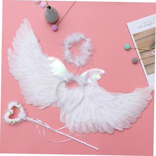 Miniatura 3 de Angoily Juego de diadema de alas de plumas de ángel, juego de máscara de alambre para niño, hada blanca