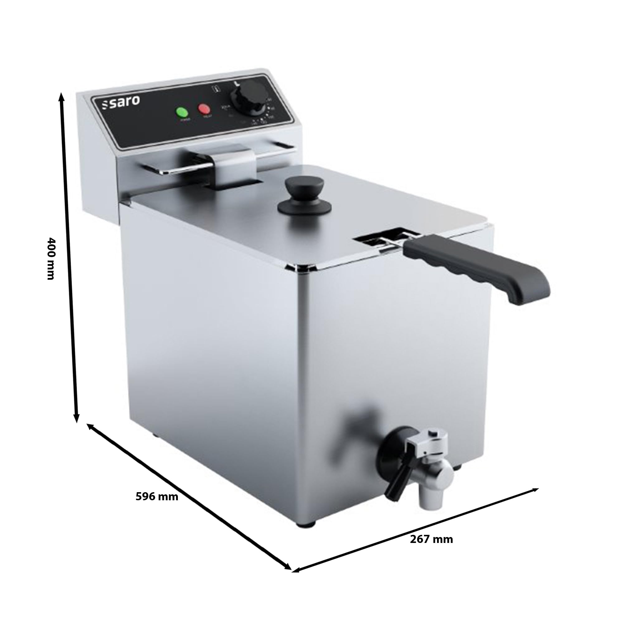 SARO Fritteuse – 8 L – Edelstahl – Temperatur 60–200 °C – Ablasshahn – Kältezone – Herausnehmbares Heizelement – Sicherheitsthermostat – 3 kW – Modell EF 8