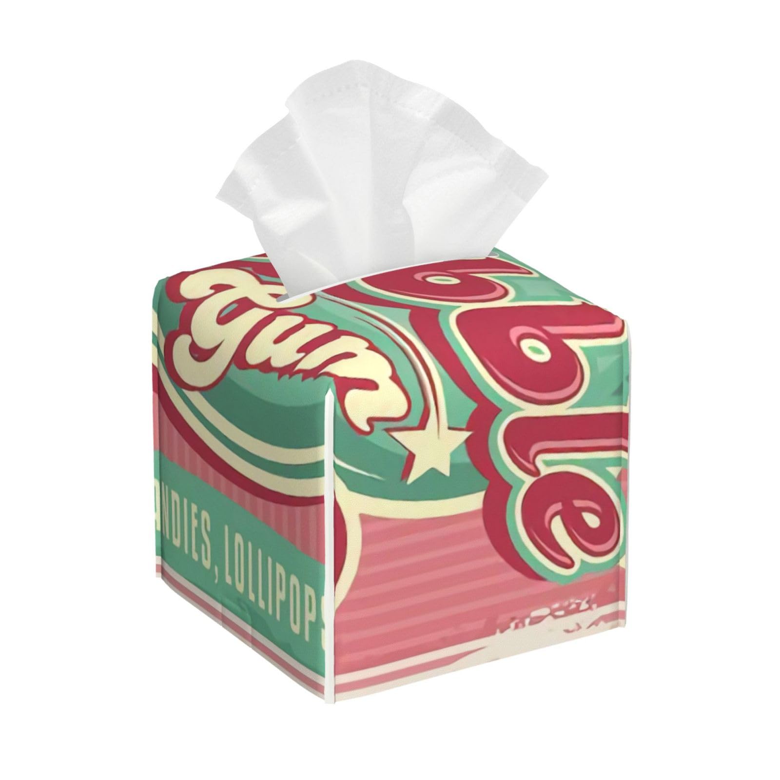 Chewing Delicious Candy Lollipop Sweet Sugar Advertise Poster Style PVC Cube Tissue Pack for Home Office Bathroom Use