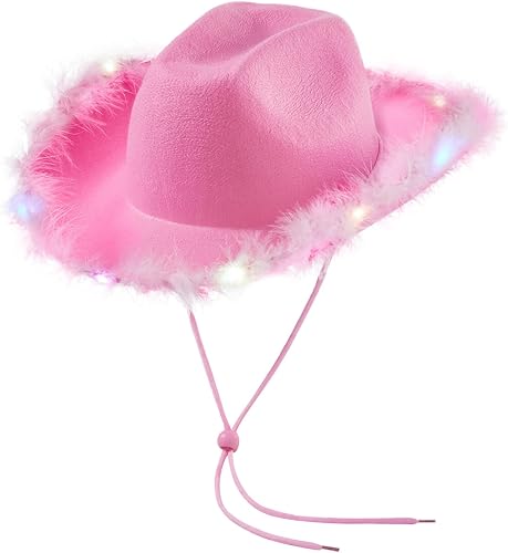 Chapeau de cowboy lumineux avec lumière LED et bord en plumes duveteuses pour co