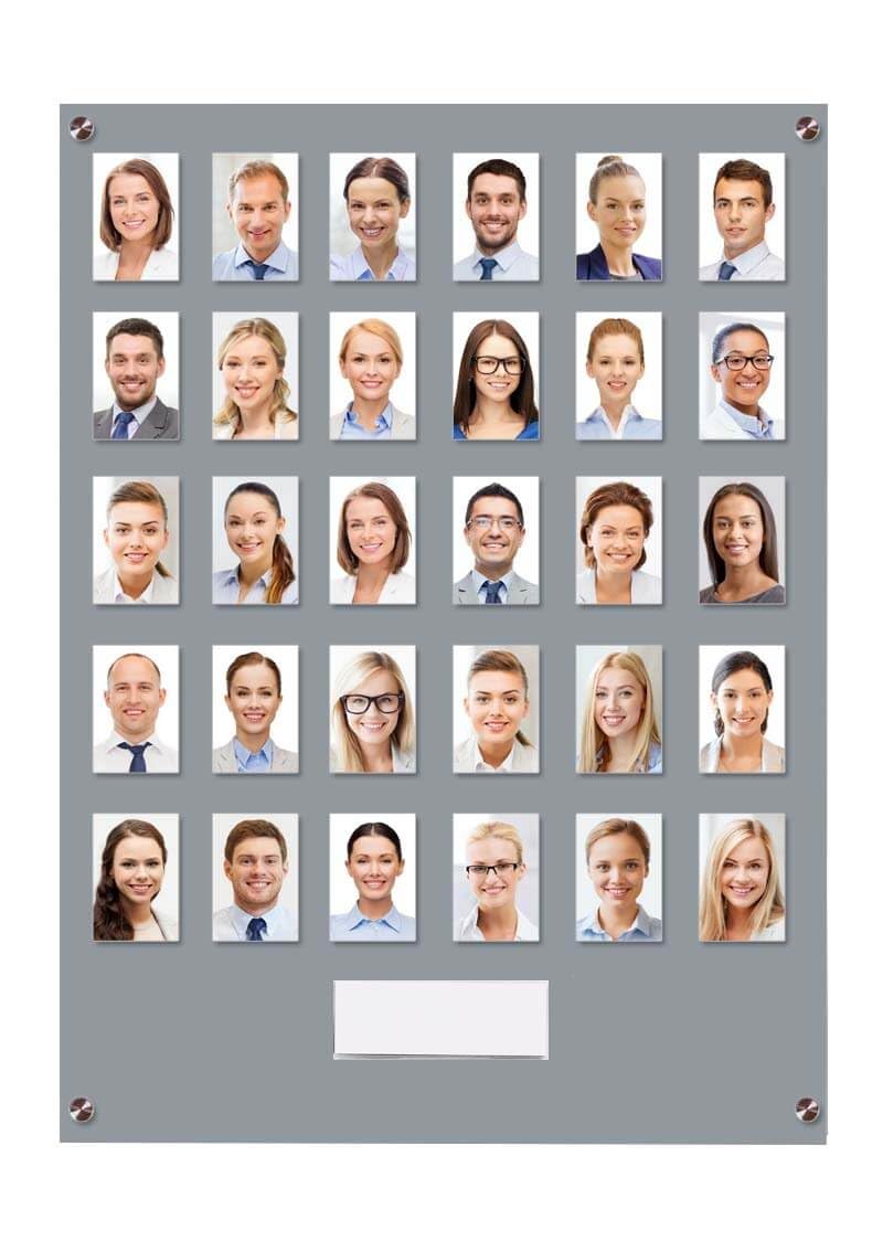 Get Acrylic Photo Frames - Grey 30 Pocket Image Staff, Student, Employee Display Board With Pocket Header. 605mm Height x 472mm Width (60.5cm x 47.2cm)