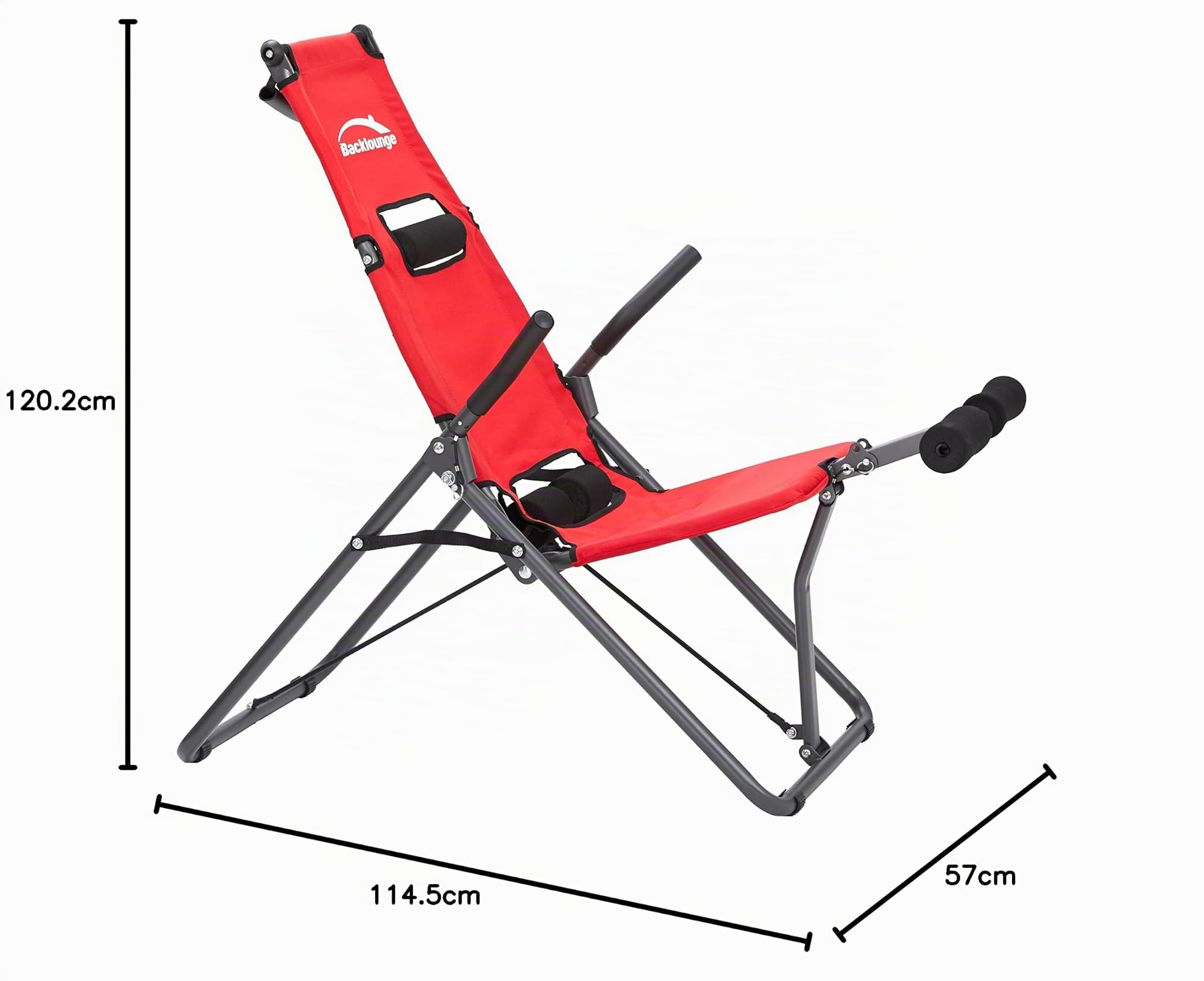 Mediashop Back Lounge | Inversions-Rücken-Trainer | Inversionsbank | Streckung der Wirbelsäule | bis zu 110 kg dynamisch, 250 kg statisch belastbar | integrierte Massagerollen | zusammenklappbar, rot
