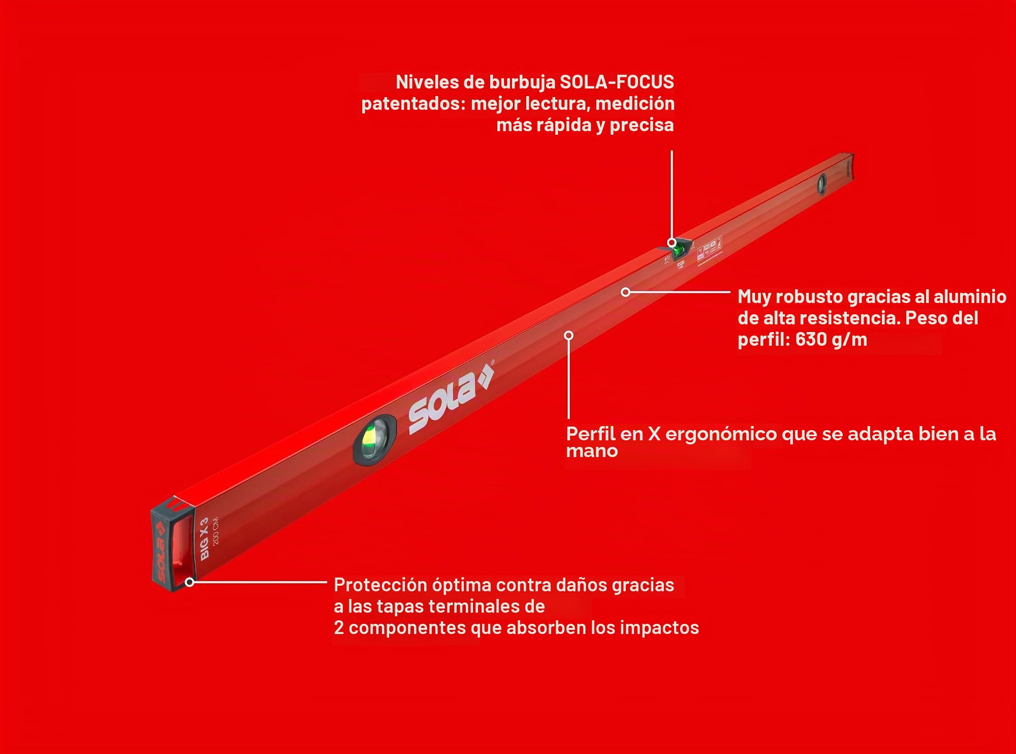 Sola BIGX200 - Nivel de burbuja de aluminio BIG X (2000 mm)