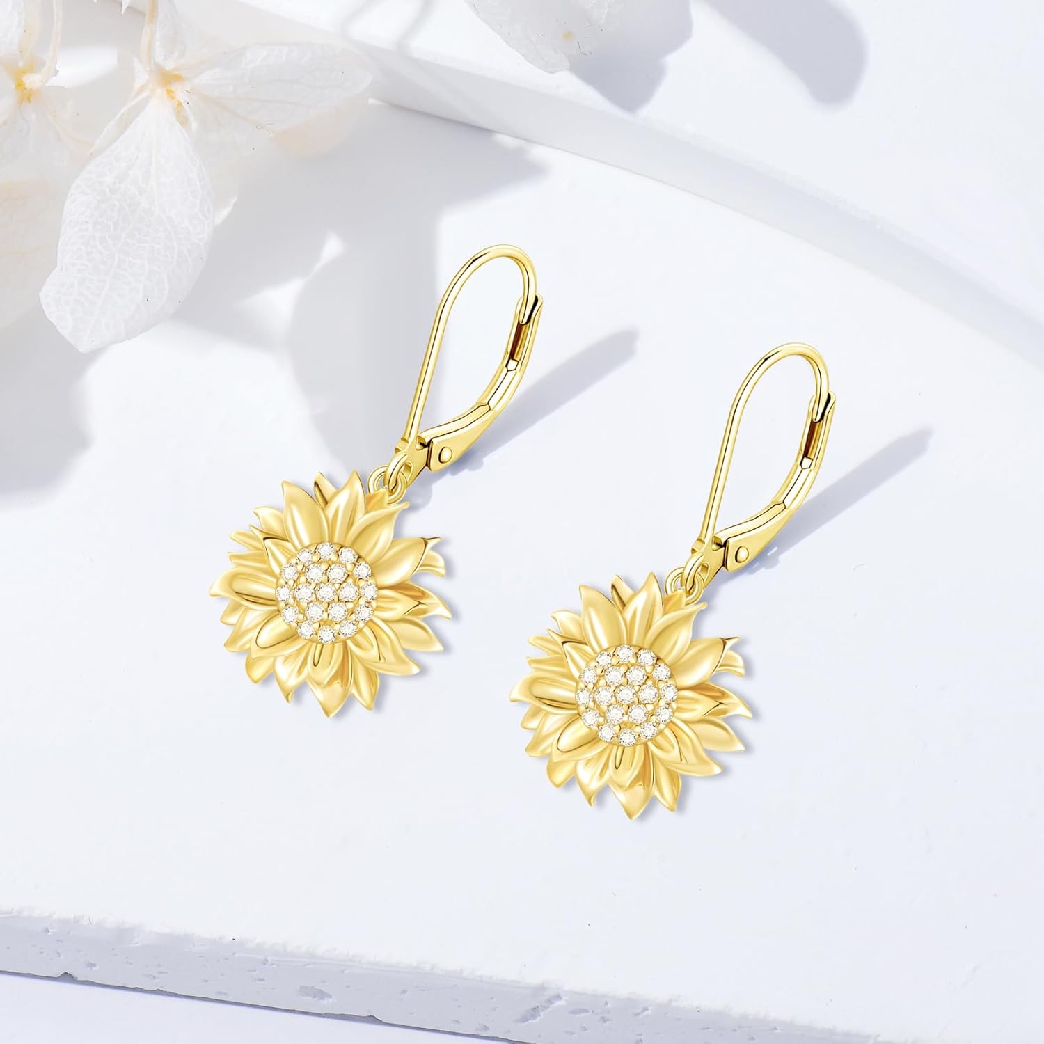 Diamond Sunflower Dangle Earrings for Women, 18K Gold Plated Sterling Silver You Are My Sunshine Sunflower Earrings Jewelry Anniversary Mother's Day Jewelry Gifts for Her, Mom, Wife - Image 4