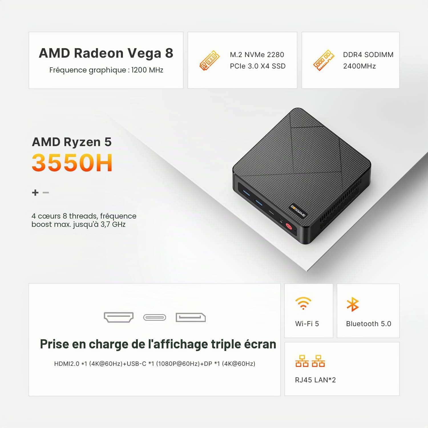 BOSGAME E4 Windows 11 Pro Business Mini PC AMD Ryzen 5 3550H, 4 cœurs, 8 Threads, jusqu'à 3,7 GHz, 16 Go de RAM DDR4, SSD 1 to, Triple écran 4K@60Hz, HDMI, DP, Type-C, USB3.2, Dual LAN