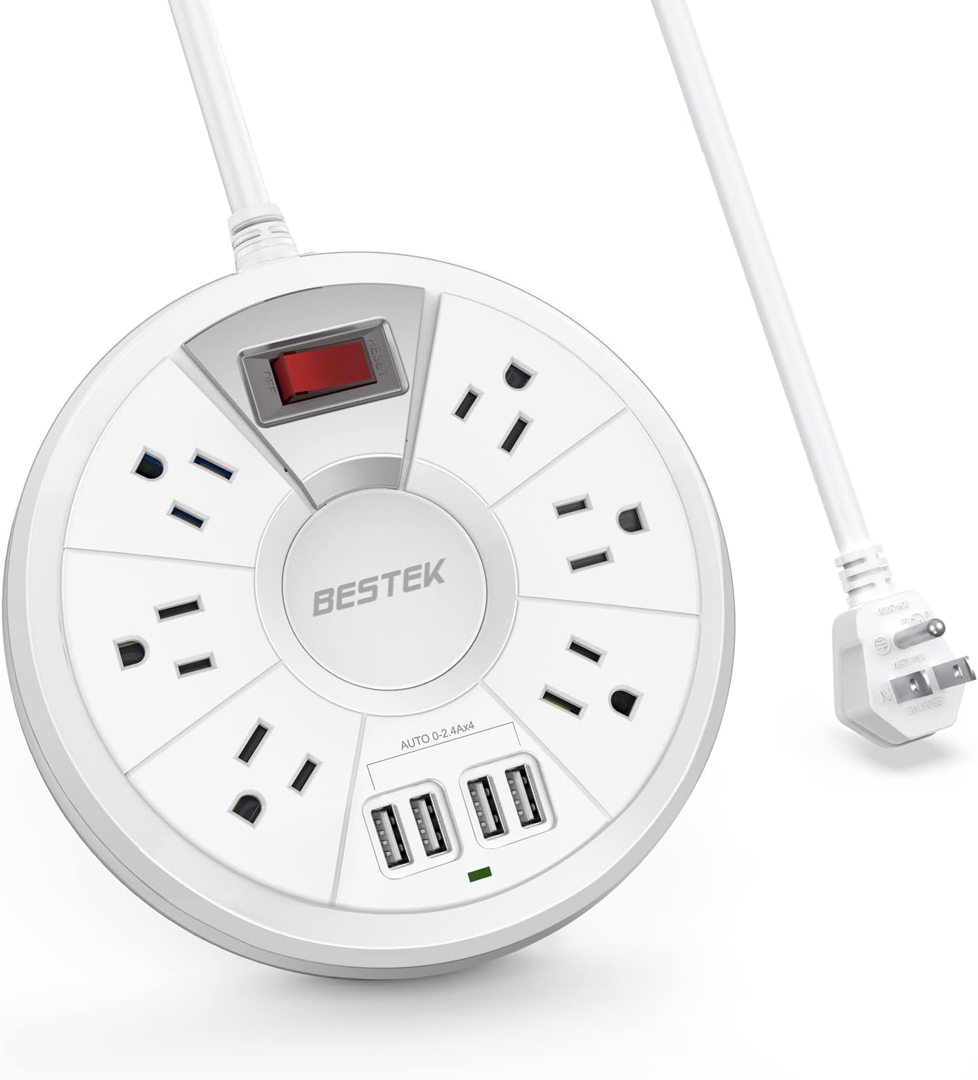 Travel Power Strip, BESTEK 6Ft Extension Cord with 4 USB Ports and 6-Outlet (13A 125V), Surge Protector Power Strip for Dorm Room, Bedside, Cruise Ship, 220J, White