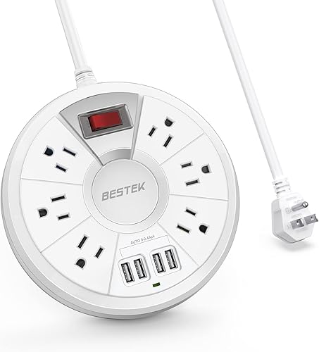 BESTEK - Tira de alimentación de viaje, cable de extensión de 6 pies con 4 puertos USB y 6 salidas (13A 125 V), regleta protectora de sobretensiones
