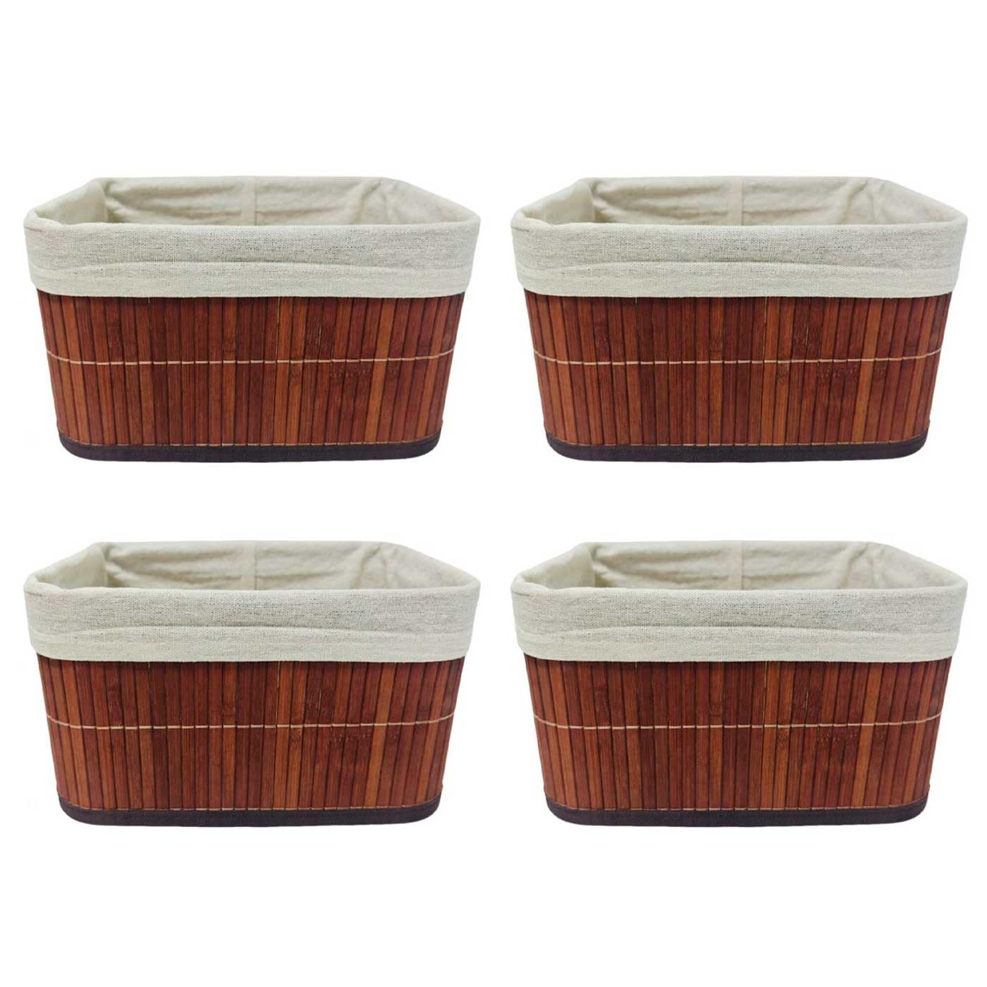 Acan Tradineur - Pack de 4 cestas rectangulares de bambú, incluyen forro interior de tela extraíble y lavable, ligeras, organización del hogar (Color caoba - 26 x 20 x 14 cm)