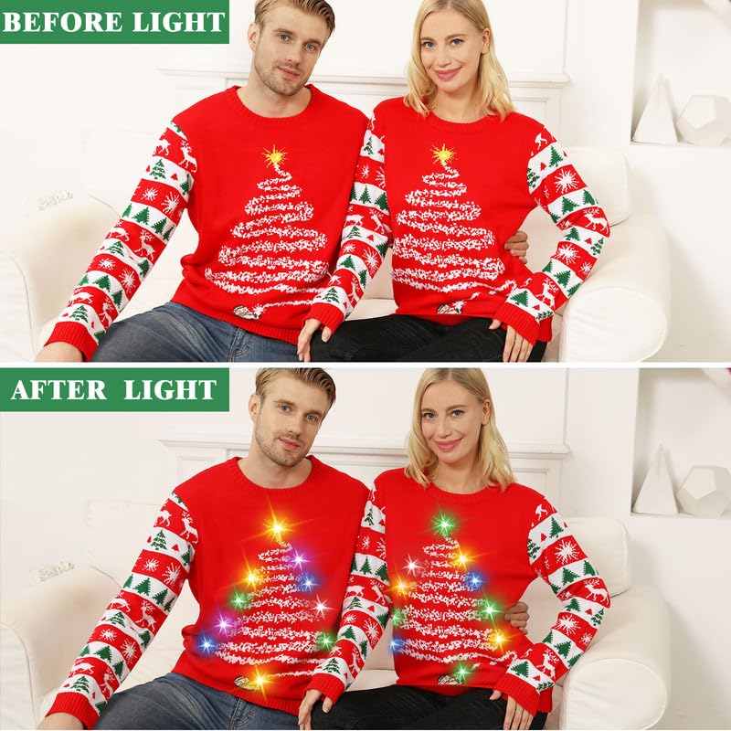 Kouric Maglione Natalizio Donna con Luci, Maglione Natale LED Divertente, Maglioni Natalizi Famiglia Coppia Luminoso Maglioncini di Natale Brutti, Ugly Christmas Sweater per Adulti/Bambina