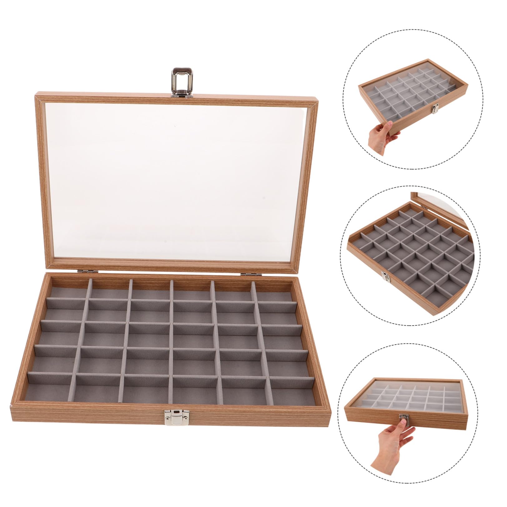 PACKOVE Ausstellungsbox für Gesteine und Mineralien 30 fächer Beige mit Transparentem Deckel Leicht und Tragbar Unterteilte Aufbewahrungsbox für Steinsammler Mineralienausstellungen