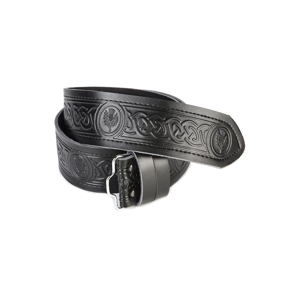 The Scotland Kilt Company Men's Black New Scottish Highland Kilt Celtic Thistle Leather Belt For Kilts - Xlarge
