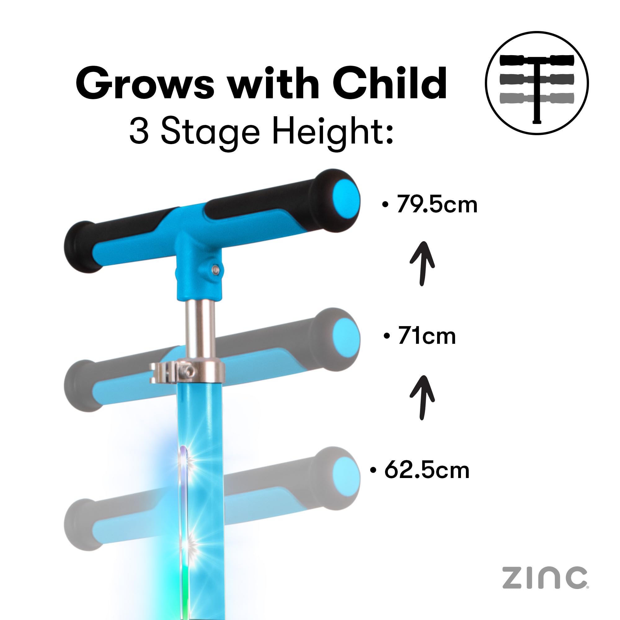 Zinc T-Motion Shine hulajnoga dla dzieci w wieku od 3 lat – trójkołowa, składana hulajnoga dla chłopców i dziewcząt, z podświetlanym blatem i kółkami LED, regulowana kierownica, sterowanie pochyleniem