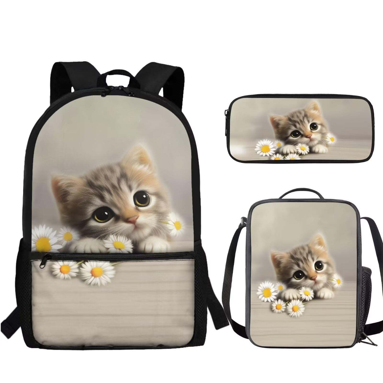 Set di zaino per la scuola per bambini, per ragazzi e ragazze, borsa portapranzo, astuccio, confezione da, Gatto Daisy Grigio