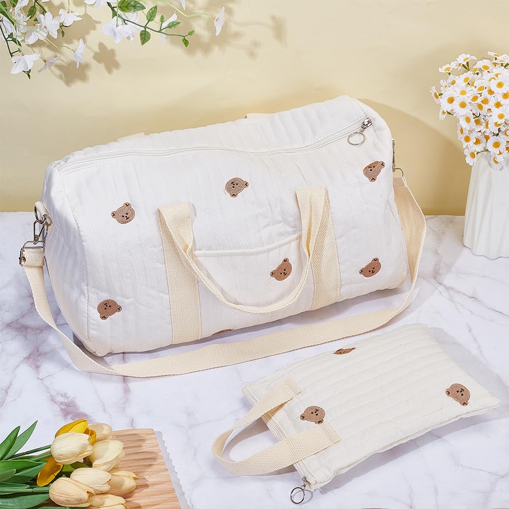 WEBEEDY 2 Styles Diaper Bag Tote with Bear Pattern Large Travel Diaper Tote with Zippered Handbag Cotton Multifunction Mommy Diapers Bags Cute Reusable Organizer Bag Gift for Christmas Hospital - Image 3