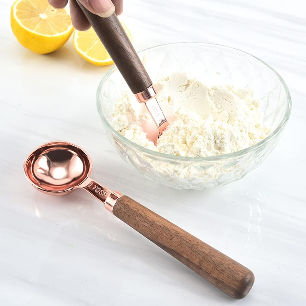 4 Pieces Measuring Spoons/Cup Kit Stainless Steel with Wooden Handle/Cups for Liquid Iingredients Cups and Set Dishwasher Safe