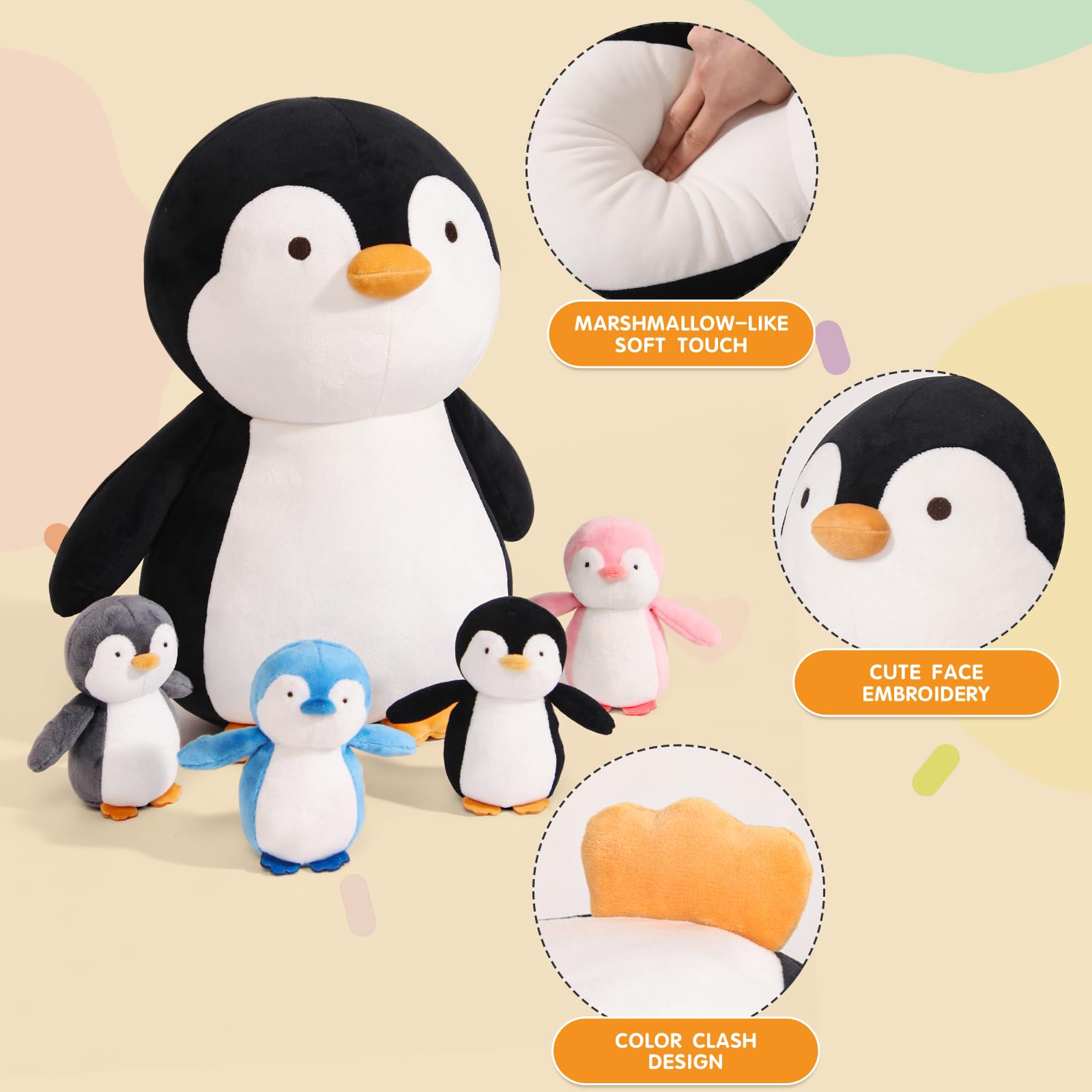 5 Pieces Penguin Stuffer Animals Set, Giant 16 Inch Mommy Penguin Plush Toy with 4 Cute Babies Plushies in Her Zippered Tummy, Gifts for Kids Girls Boys, Birthday, Christmas