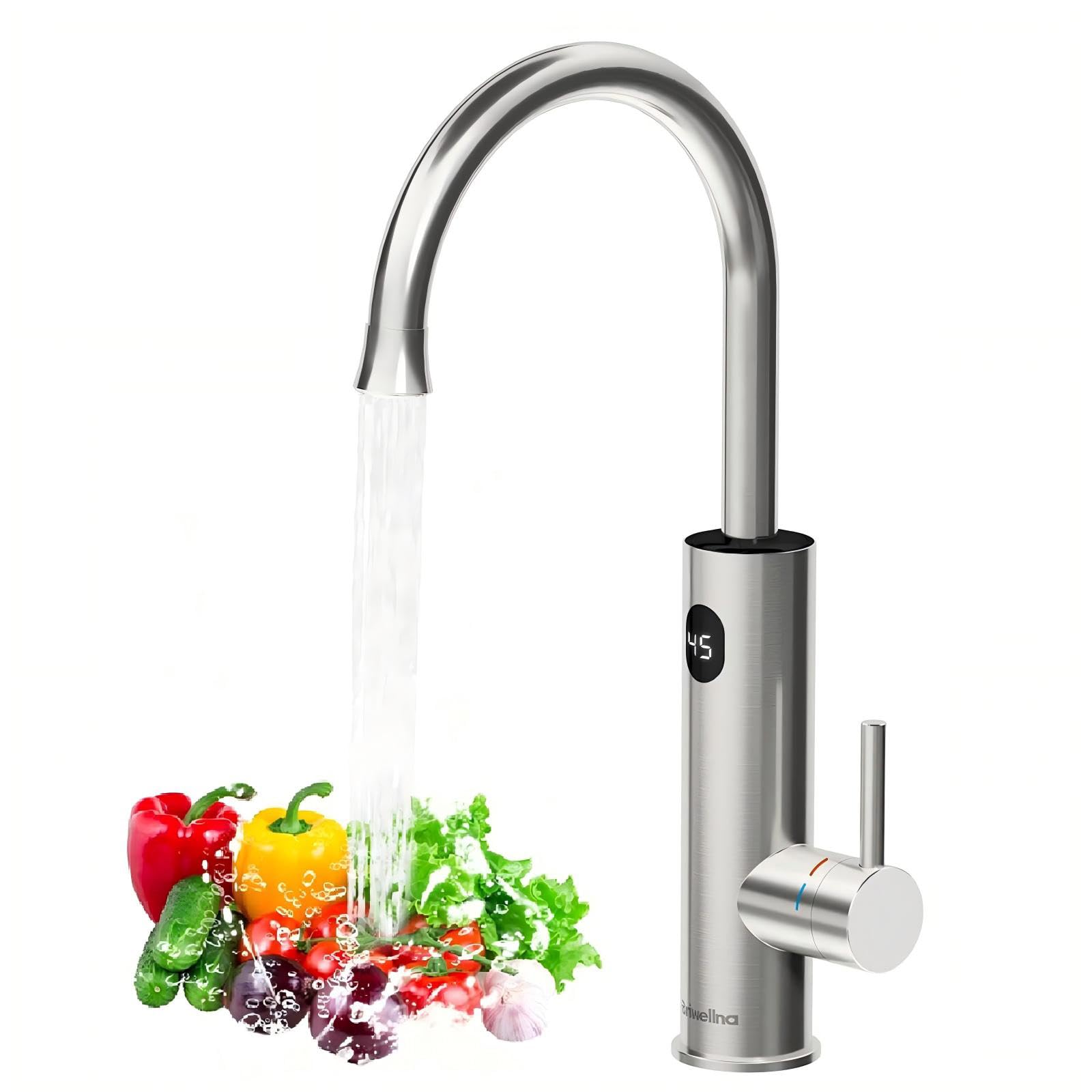 Grifo de agua caliente inoxidable con pantalla digital, grifo de calentador de agua instantáneo giratorio de 360 grados, grifo de calentamiento rápido, grifo de calefacción eléctrica