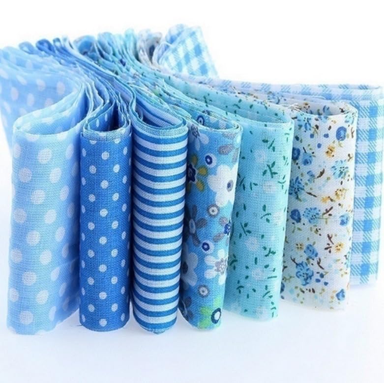 7Pcs Top Blue Cotton Craft Fabric Bundle Squares Patchwork DIY Sewing Scrapbooking Quilting Floral Dot Pattern Craft and Hobby Fabric 10