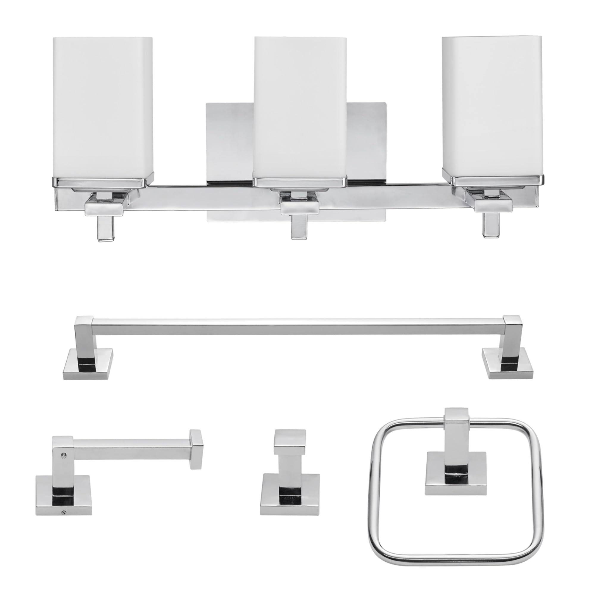 Globe Electric 59221 Finn 5-Piece All-in-One Bath Set, 3-Light Vanity, Bar, Towel Ring, Robe Hook, Toilet Paper Holder, Polished Chrome