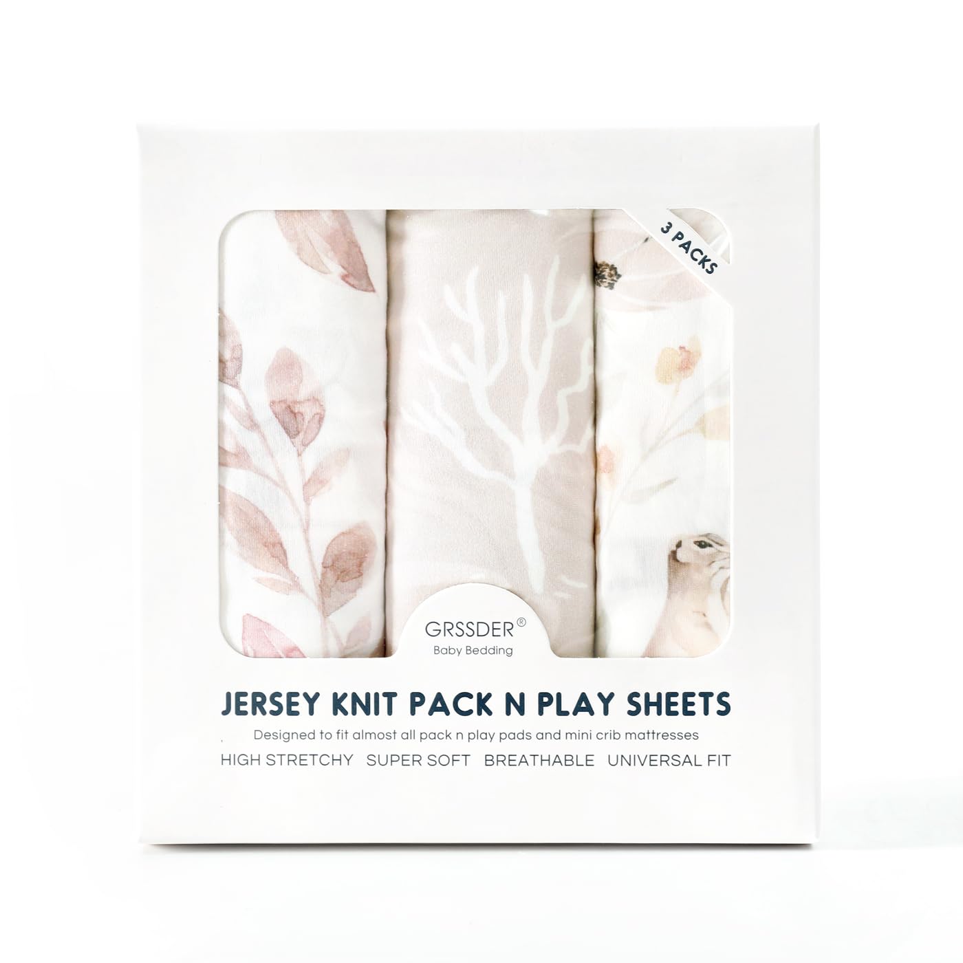 Spannbettlaken, dehnbar, ultraweich, Jersey, 3er-Pack, tragbar, Mini-Kinderbettlaken für Mädchen, universelle Passform, für Pack N Plays, sicher und kuschelig, schönes Blush Pink, Blumenmuster und