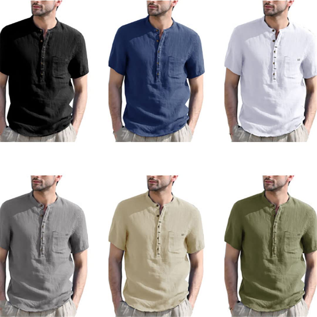 Maglietta da uomo in cotone e lino camicia casual Henley a maniche corte, Come mostrato, S