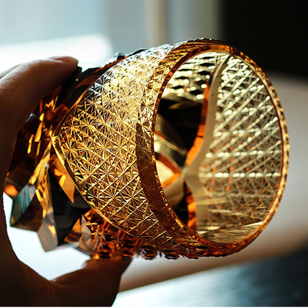 Edo Kiriko Hand-Carved Gold Accent Sake Glass Cup - Japanese Traditional Artisan Crafted Crystal Whiskey Glass, Luxury Amber Crystal Design Barware, Unique Gift for Collectors & Sake Enthusiasts - Image 6