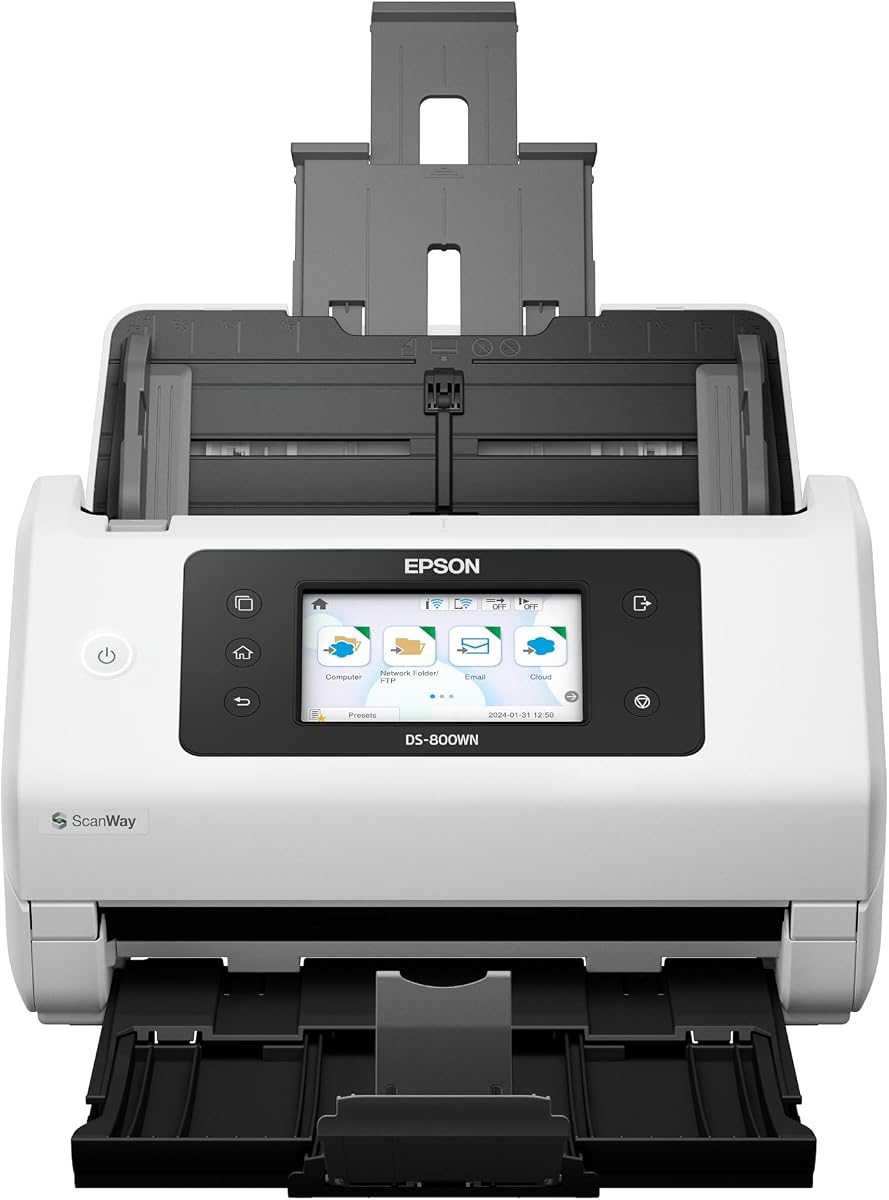 Escáner de documentos en color de red inalámbrico Epson DS-800WN EdgeLink | Escaneo dúplex Alimentador automático de documentos de 100 hojas Pantalla táctil a color de 4,3 pulgadas Velocidad de escaneo de 50 ppm