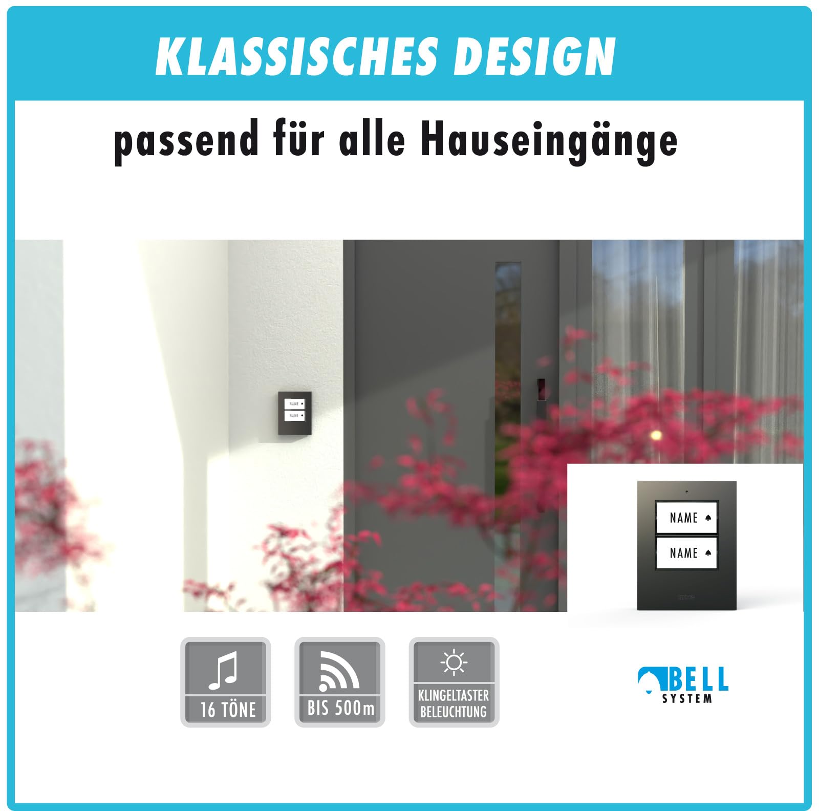 m-e Funkklingel BELL-522 BO Anthrazit mit Sender und Empfänger für 2-Familienhaus, Erweiterbare kabellose Türklingel mit 500 Meter Reichweite, Türglocke für Batteriebetrieb