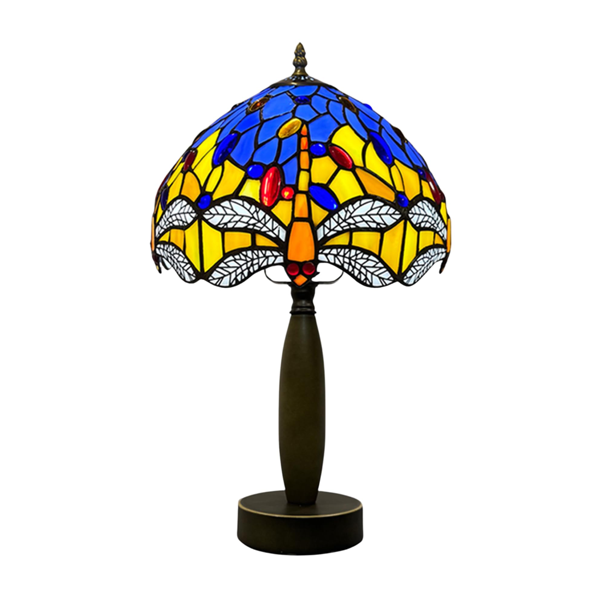 Auroh Tiffany Lamp 10 inch Blue & Yellow Dragonfly - Metal Base Table Lamp