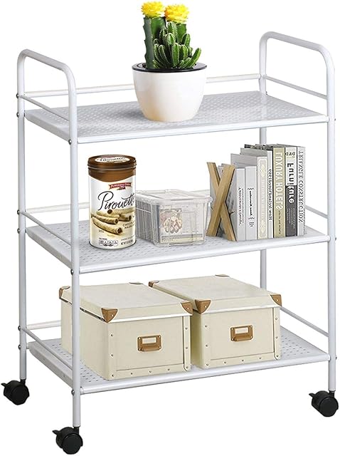Yaheetech White Kitchen Storage Trolley, 3-Tier Rolling Utility Storage Cart on Wheels, Metal Storage Organizer with Wheels for Kitchen/Bedroom/Bathroom/Laundry/Office