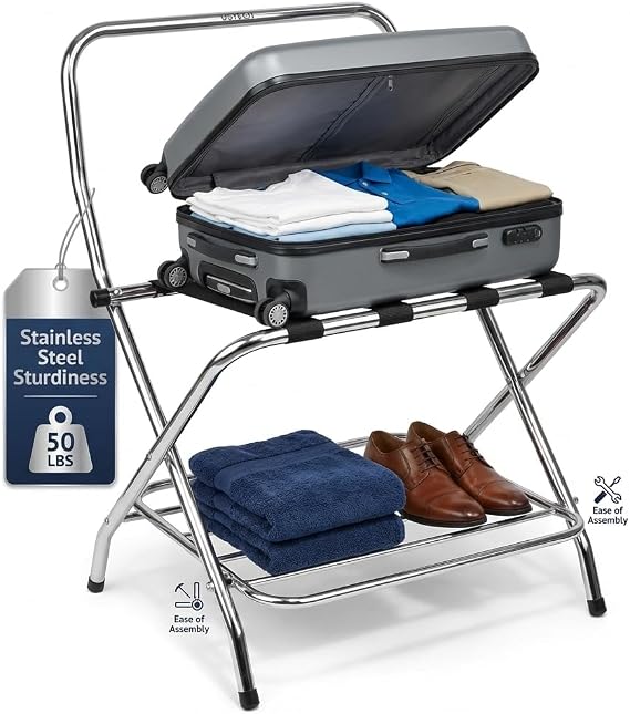 USTECH Double tier With High back-Self assembly luggage rack | Stainless Steel Durable Suitcase Stand | Holds upto 50 LBS