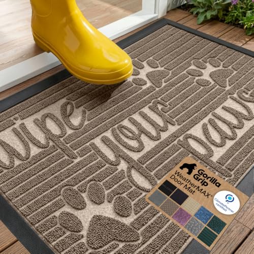 Image of GORILLA GRIP WeatherMAX Door Mat, Indoor Outdoor Use, 29x17, Beige Paw