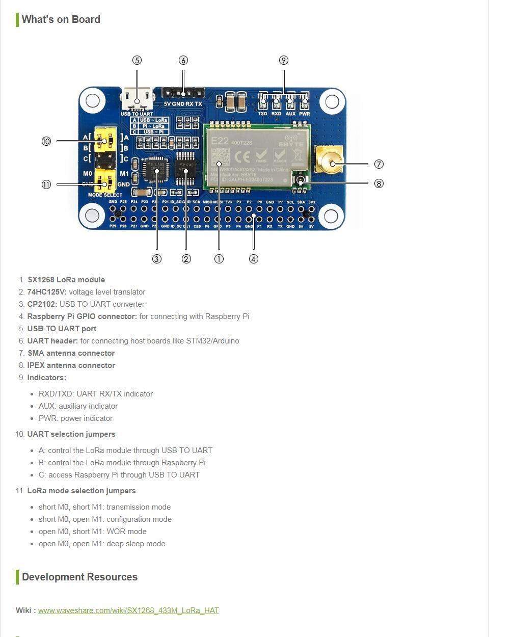 Waveshare SX1268 LoRa HAT for Raspberry Pi Spread Spectrum Modulation 433MHz Frequency Band Allows Data Transmission up to 5km Through Serial Port Supports Wireless Parameter Configuration