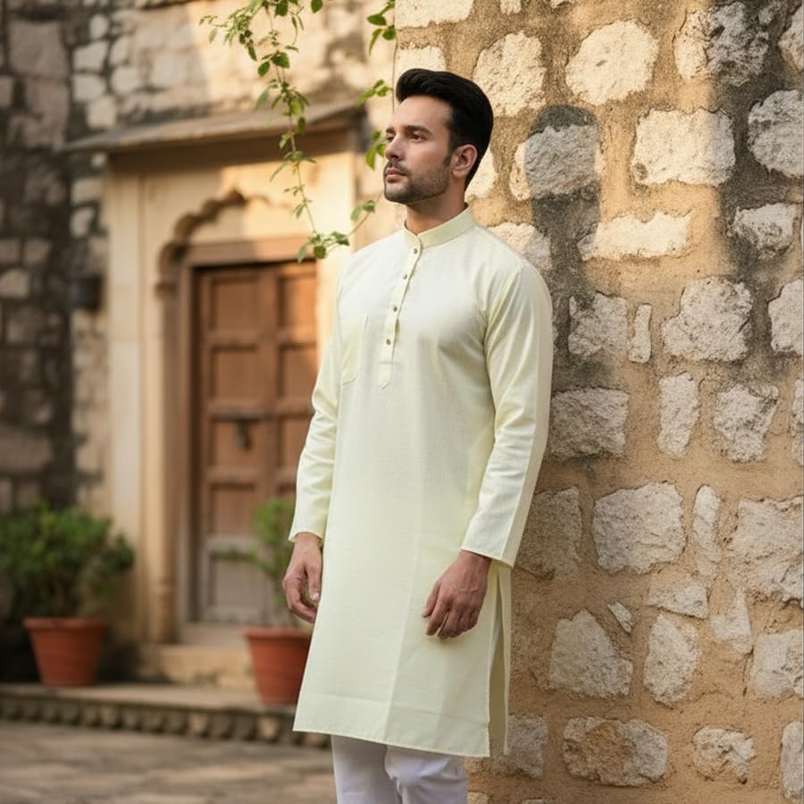 Image of Sadree Men's Cotton Long Solid Color Plain Knee Length Mandrin Collor Full Sleeve Ethnic Kurta Only