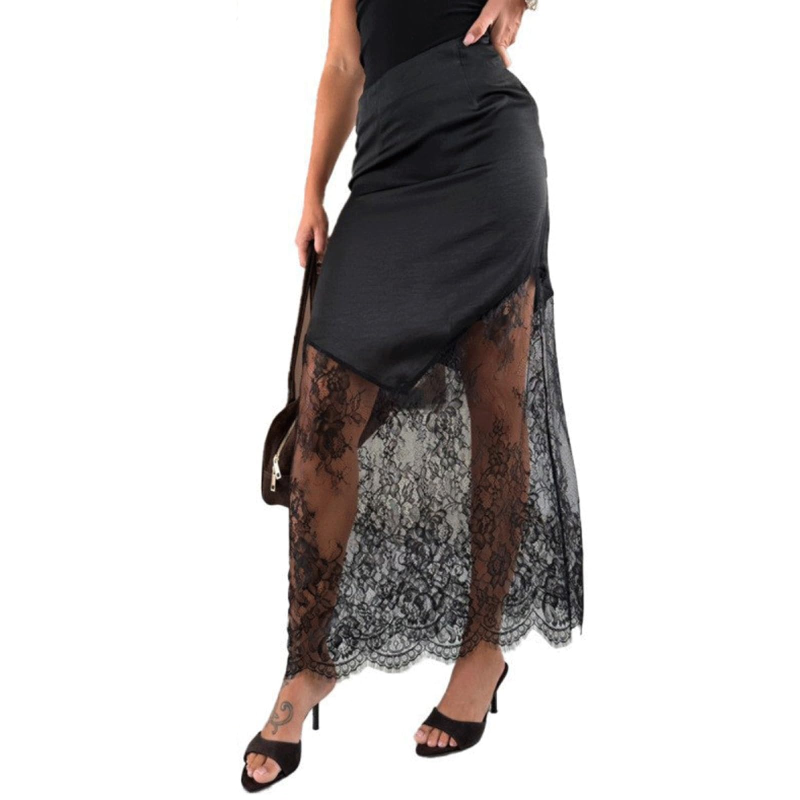 DUddTTW Zipper Women's Maxi Skirts Sexy Lace Ankle Length Swing Skirt Patchwork(Nero,Lagre)
