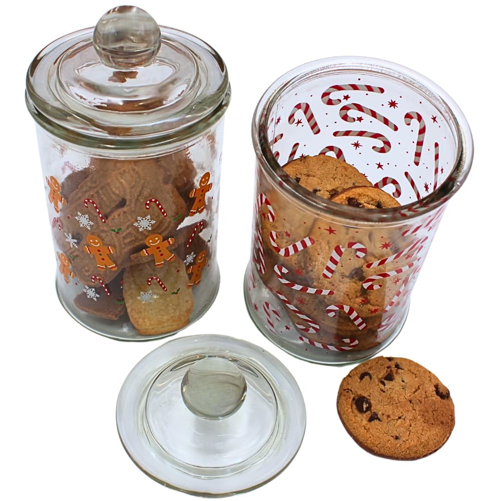 Barattolo per aromi, contenitore in vetro con motivo natalizio, per biscotti con pan di zenzero e bastoncini di zucchero, altezza 19 x 10 cm, capacità 600 ml per bicchiere, contenuto della confezione: