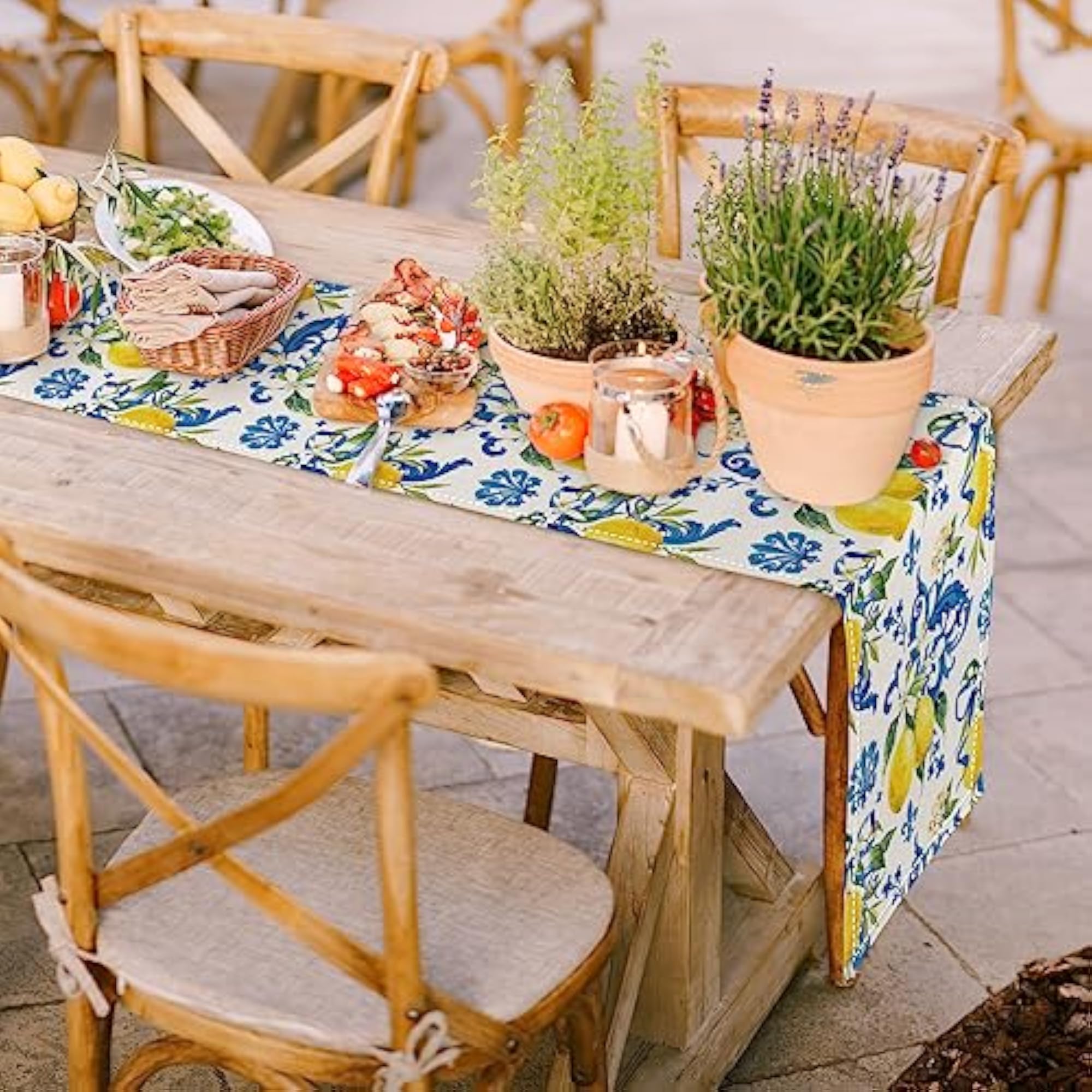Lemon Table Runner with Blue Tiles, Kitchen Dining Table Decoration
