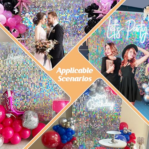 Image of 4 FT x 6 FT Iridescent Silver Shimmer Wall Backdrop,Shiny Sequins,24PCS Sequins Backdrop Decoration Panels,Photo Background Decorations for Birthday Party Wedding Anniversary Graduation Baby Shower