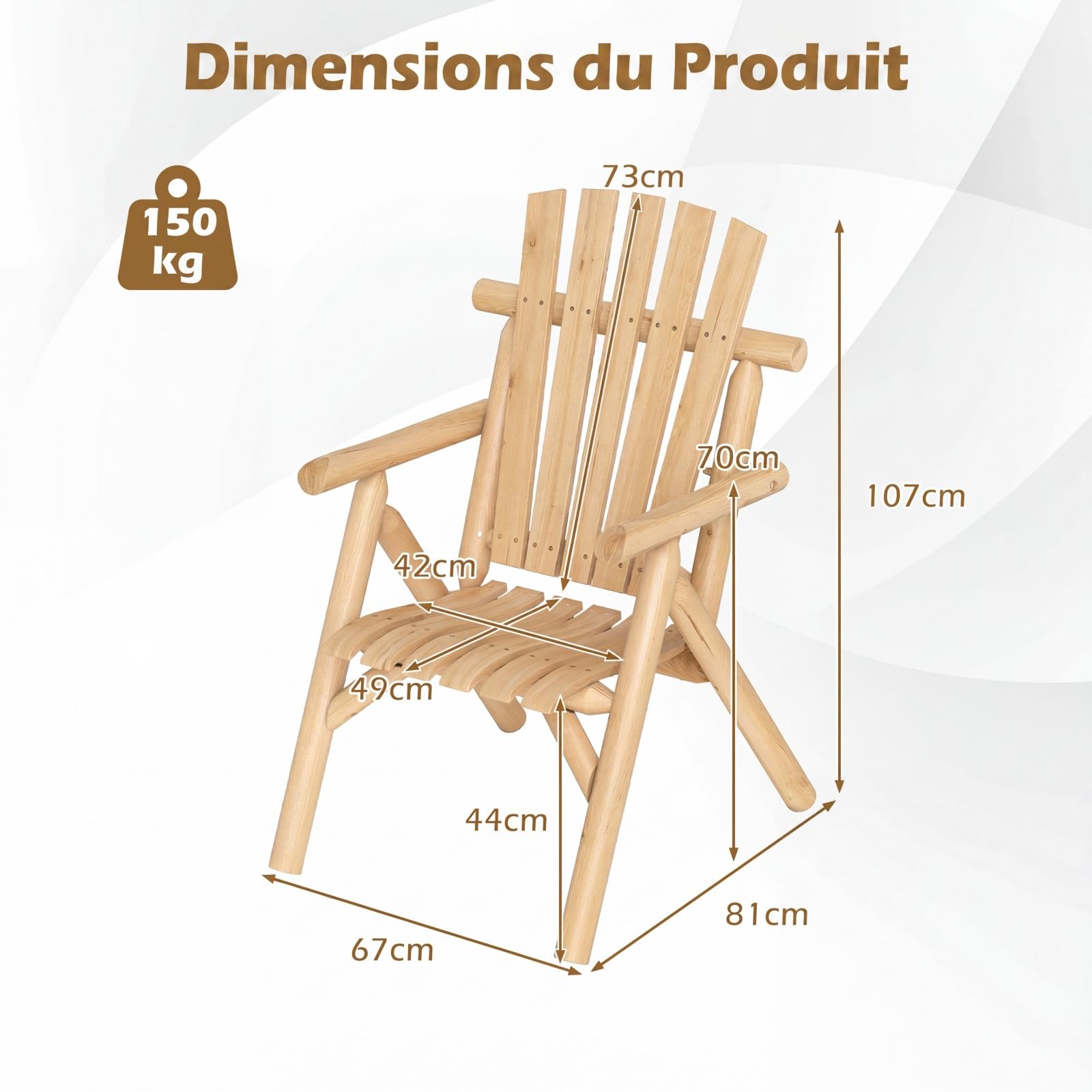 COSTWAY Chaise de Jardin en Bois Massif, Fauteuil Adirondack, Dossier Haut à Lattes, Assise Incurvée, Accoudoirs, Chaise Extérieur pour Terrasse Balcon Piscine, Charge 150 kg, 67x81x107 cm (Naturel)