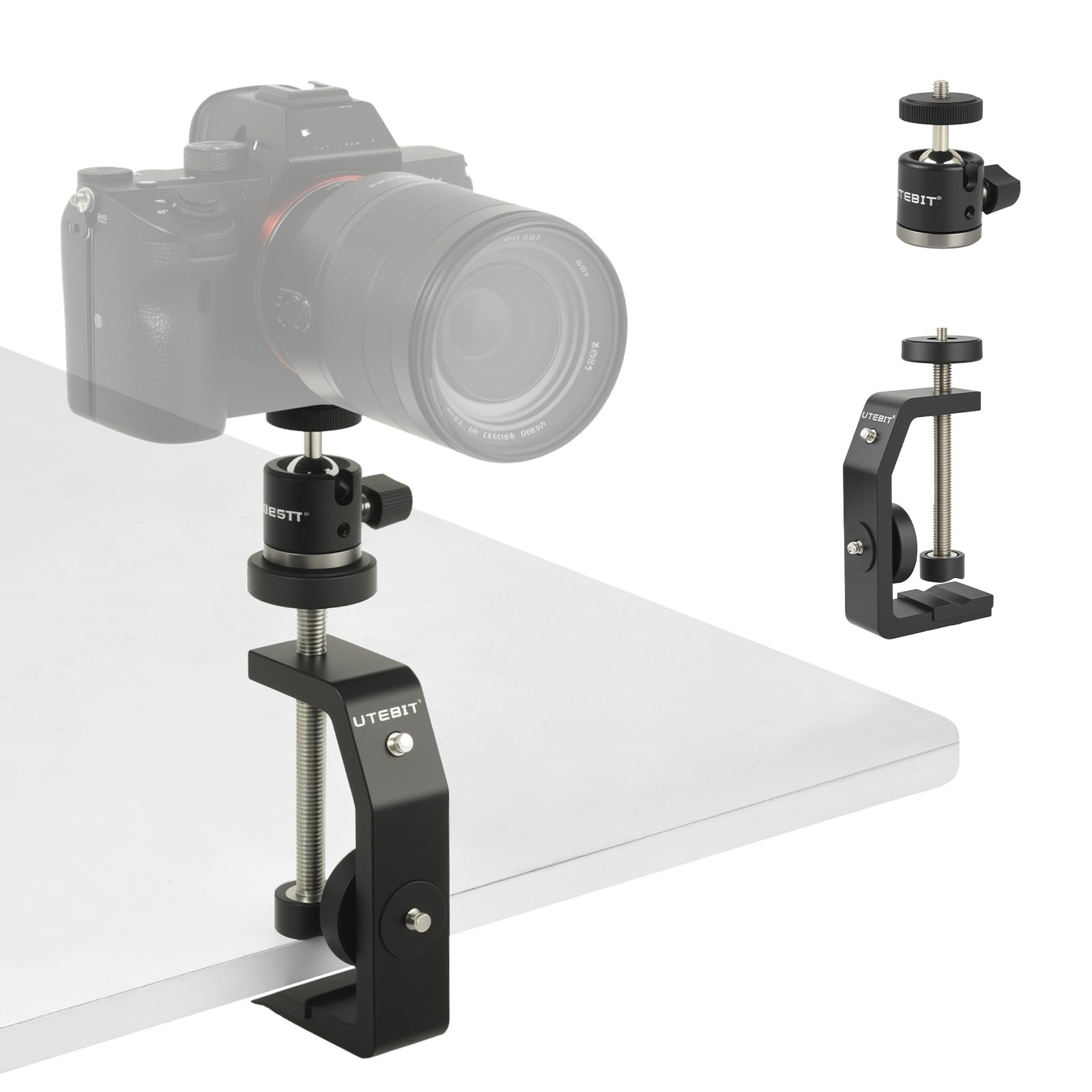 UTEBIT Pince Accroche Caméra de Vis 1/4 + Mini Rotule Pivotante à 360° Support Orientable Caméra en Alliage d'Aluminium Charge Maximale de 3 kg pour Appareil Photo Flash Écran Moniteur Bureau