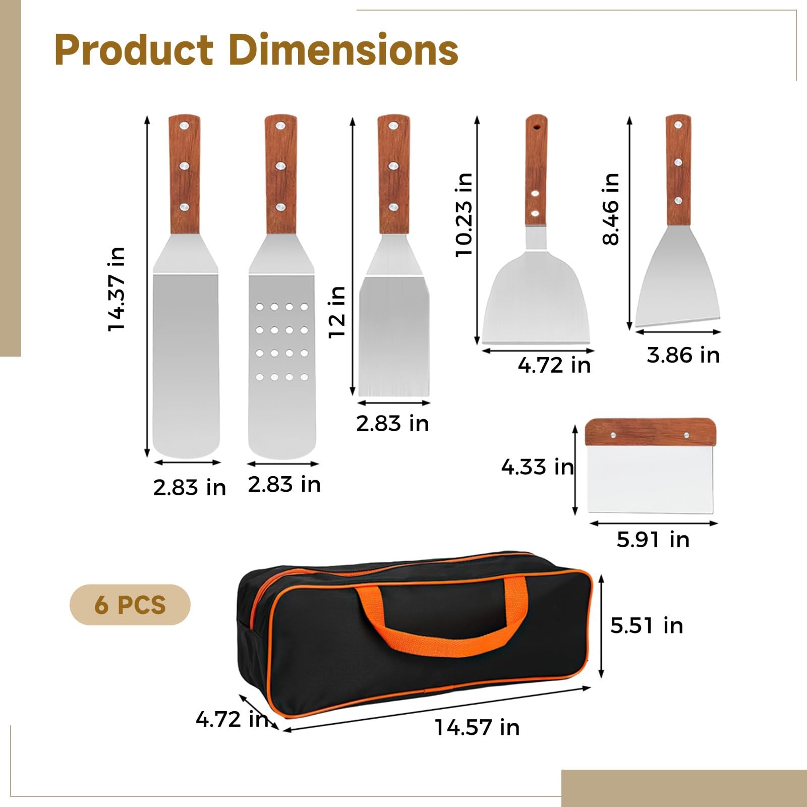 6-teiliges Grillzubehör-Set, Edelstahl-Spatel-Set mit Holzgriff, für Grill und Braten, inklusive Pfannenwender und Schaber