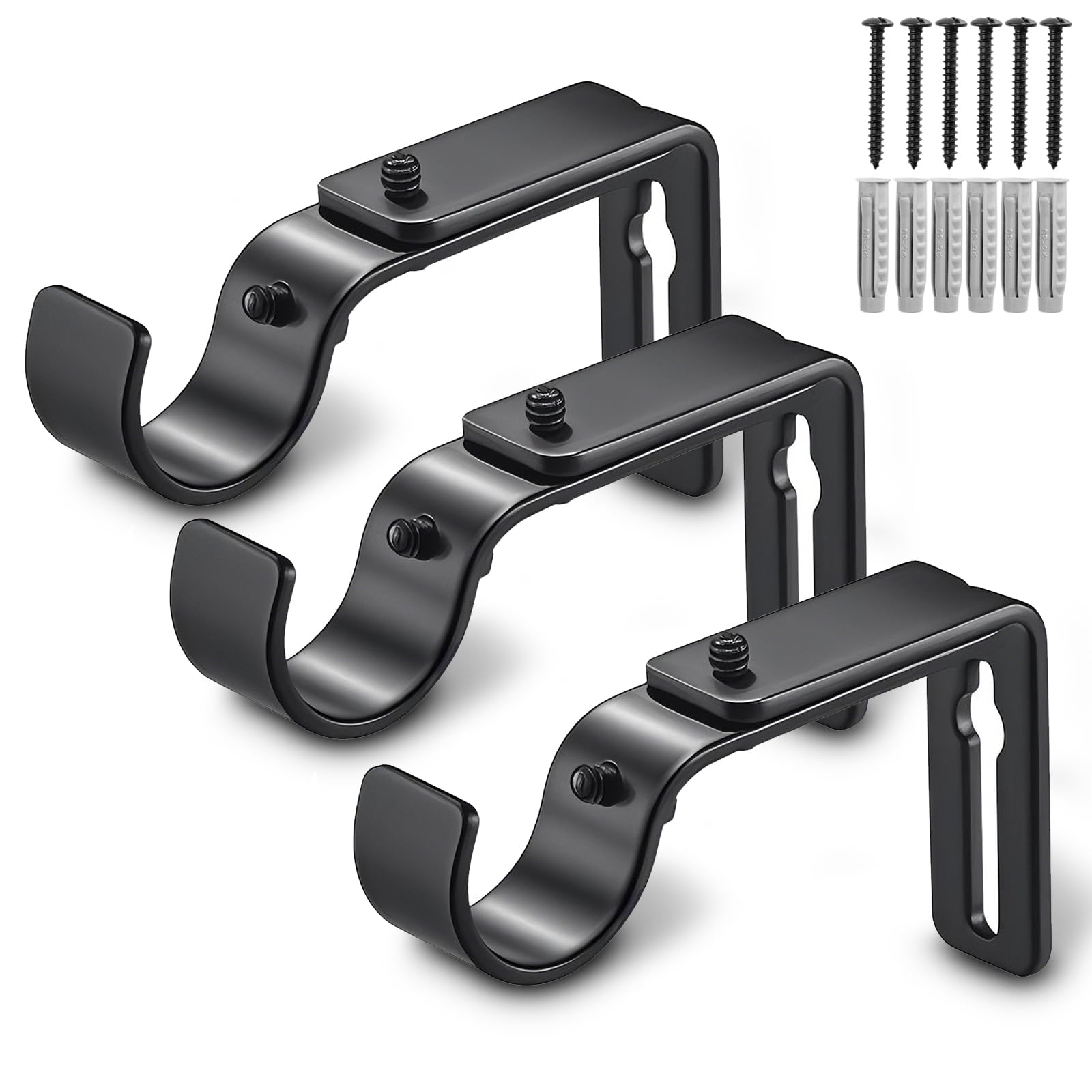 LLPJS Curtain Rod Bracket Adjustable, Drapery Rod Holder Hooks Support Hangers for 1 inch Diameter Window Curtain Rods (Black, 3-Pack)