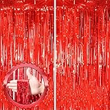 Voircoloria 2 Pack Red Tinsel Foil Fringe Curtains, Red Party Decorations, Metallic Tinsel Party Streamers Backdrop for Birthday Casino Christmas Graduation Carnival Valentine's Party Decorations
