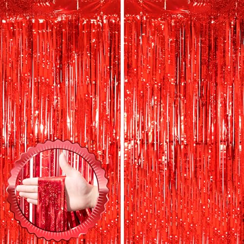Voircoloria 2 Pack Red Tinsel Foil Fringe Curtains, Red Party Decorations, Metallic Tinsel Party Streamers Backdrop for Birthday Baby Shower Graduation Wedding Valentine's day Party Decorations