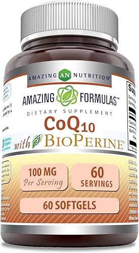 Amazing Formulas CoQ10 con suplemento de bioperina  60 cápsulas blandas  100 mg por porción  Sin OMG  Sin gluten  Fabricado en Estados Unidos