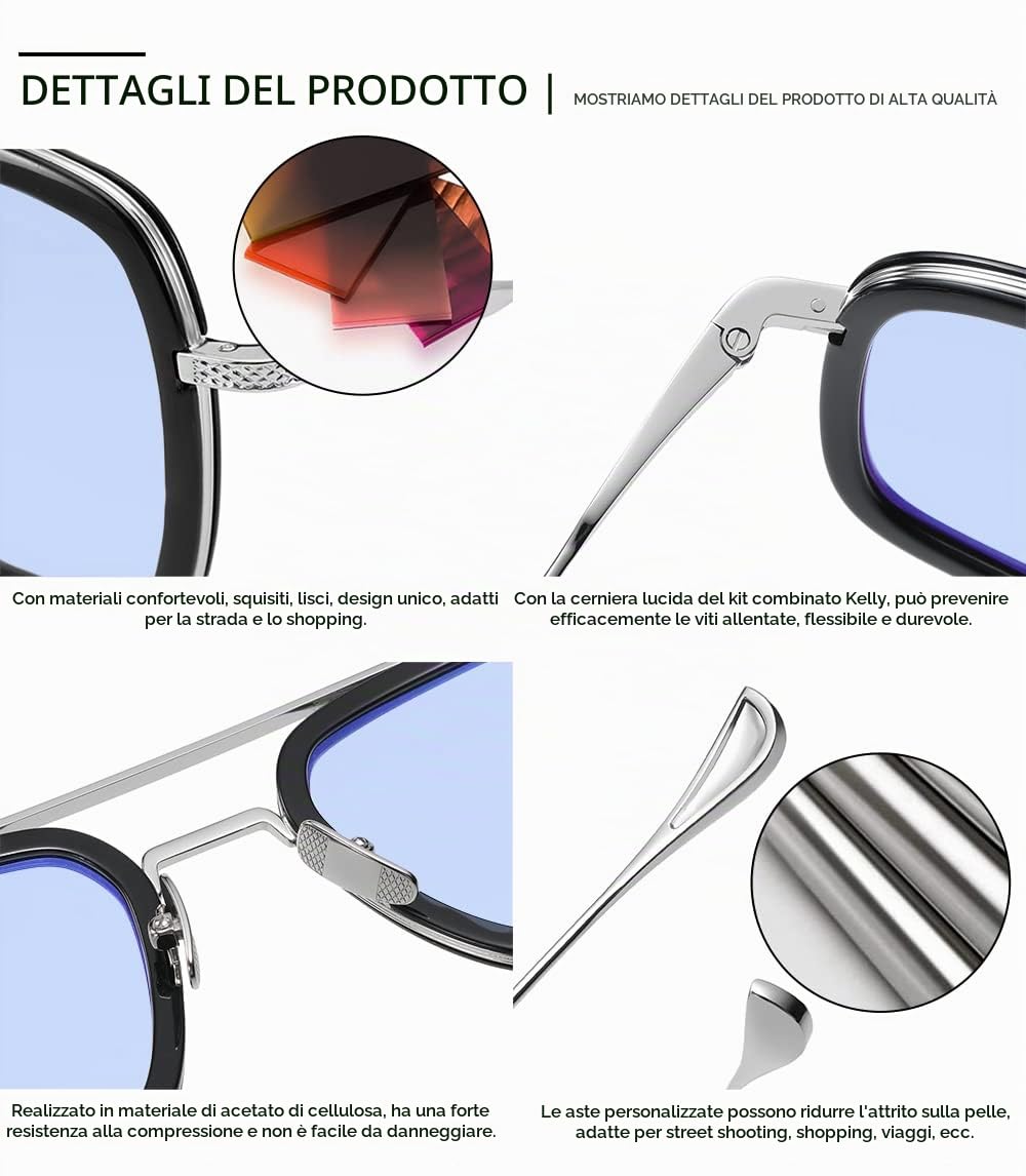 SHEEN KELLY Occhiali da sole pilota in acetato Uomo Donna Occhiali retrò quadrati con montatura in metallo e lenti in nylon