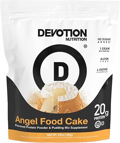 Devotion Nutrition Proteína en polvo Angel Food Cake – 0.71 oz de aislado de suero y mezcla de proteína de caseína – Sin azúcar añadido, bajo en